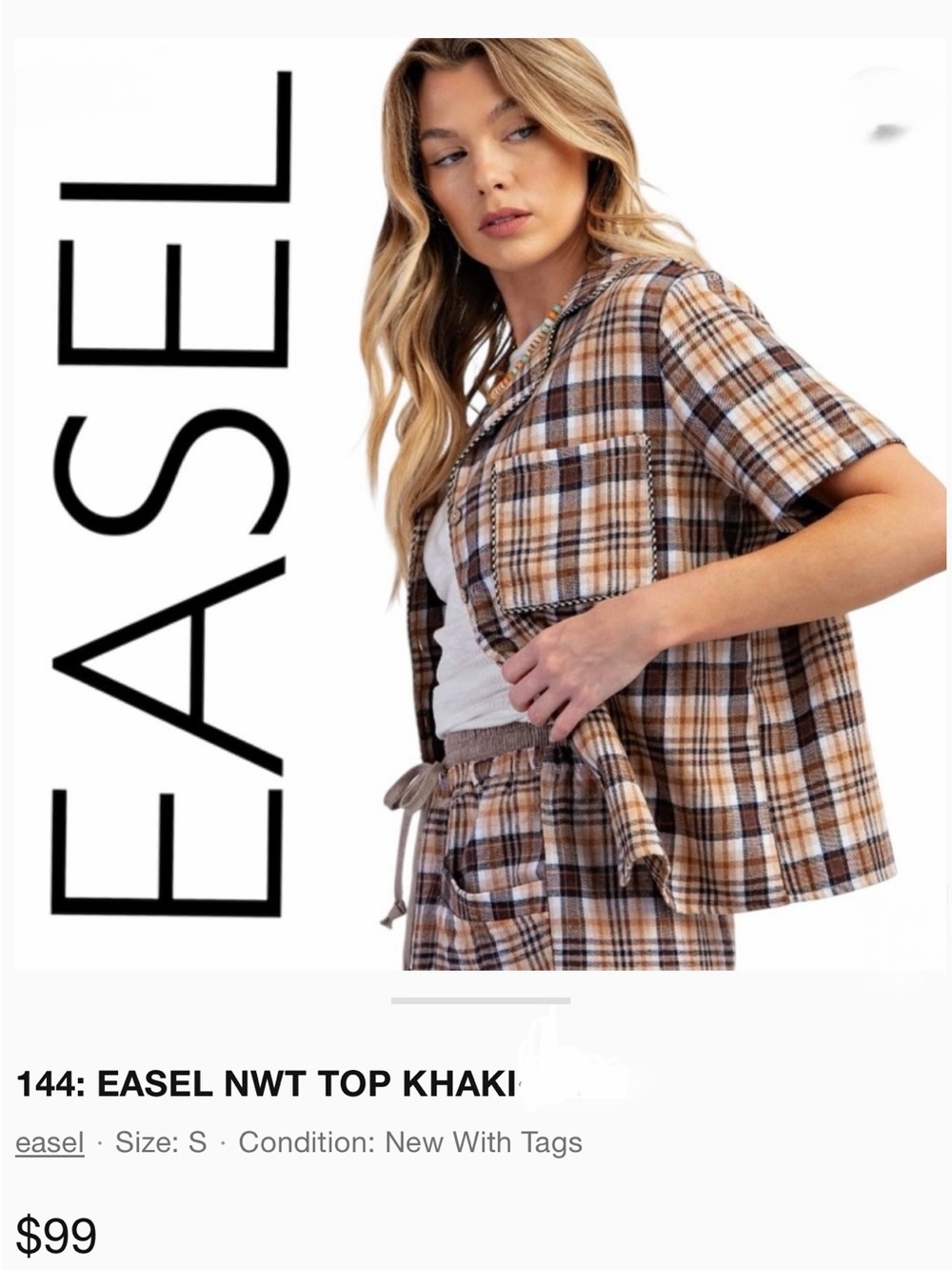easel Plaid Short Sleeve Shirt in Khaki/Brown/Black/Cream _ SZ Small